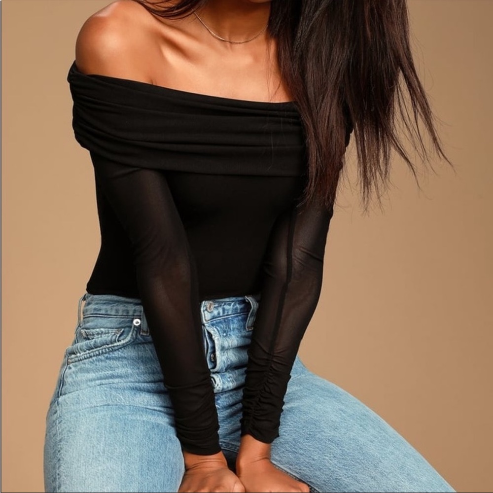 Lulu’s black mesh off the shoulder body suit top